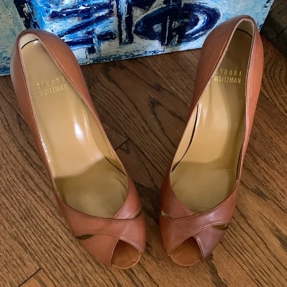 Stuart Weitzman Cognac Brown Leather Wood Stack Platform Heel Sz 8M Peep toe - Picture 13 of 14